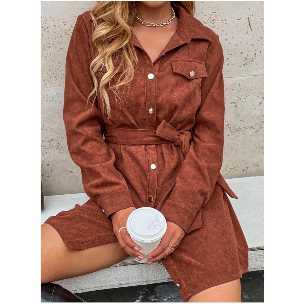 Corduroy Button Down Belted Long Sleeve Shirt Dress - Picture 10 of 11